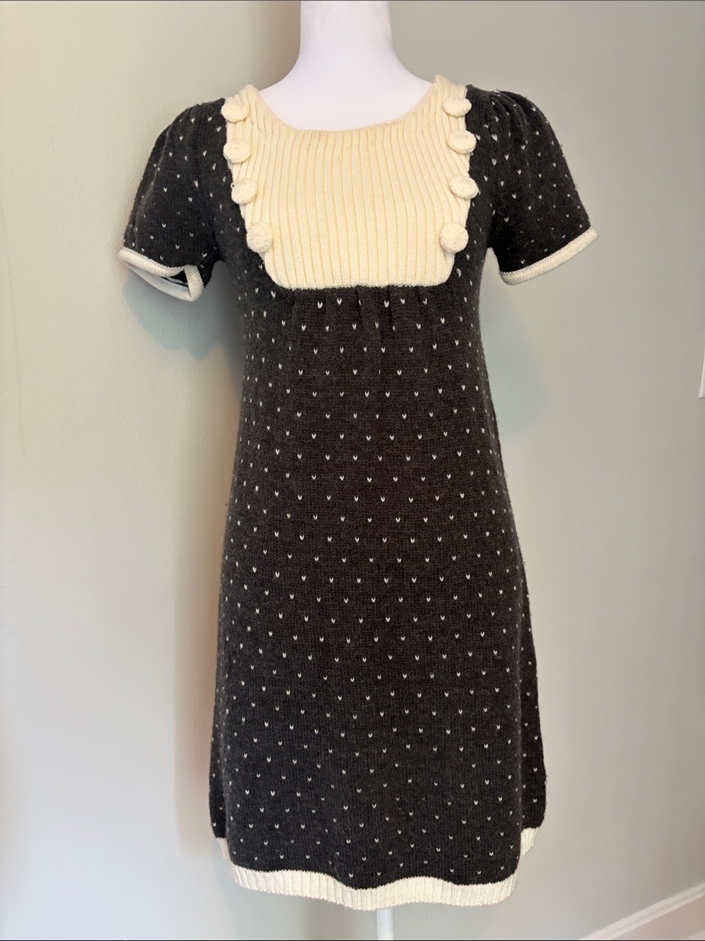 Gray and Cream Knit Short-Sleeve Sweater Dress